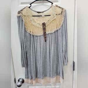Gray and Cream Lace Trim Women's Top